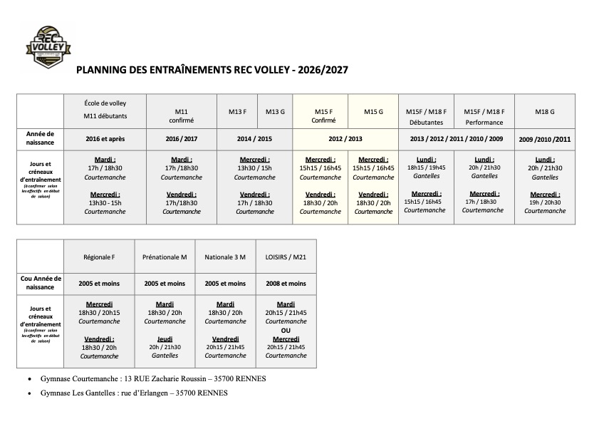 Rec Volley Planning Des Entraînements 2026 2027